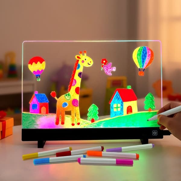 20x30 cm LED-lystavle for barn, 4 lysmoduser, 5 historiekort, 7 tusjer, 1 klut, 1 stativ