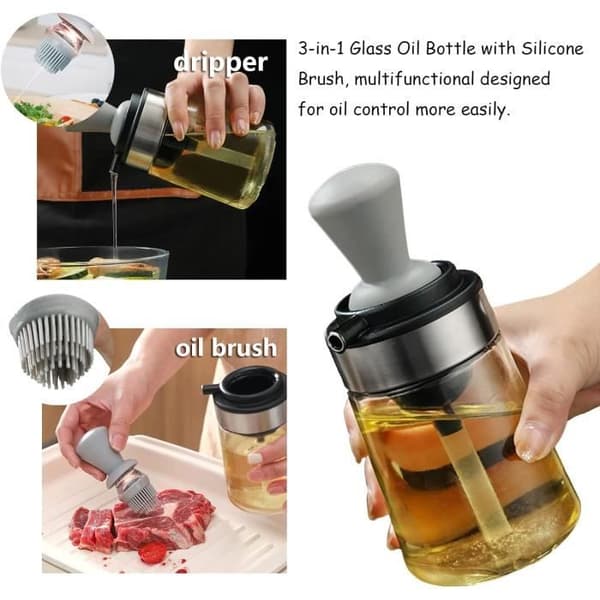 Olieflaske, olivenoliedispenser i glas, køkkenbørste, silikoneoliebørste, til eddike, bagværk, grill