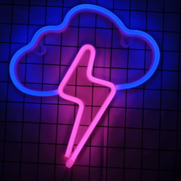 Neonskylt LED moln blixt neonskyltar för väggdekor hängande neonljus batteri- eller USB-driven upplyst neonljus för sovrum