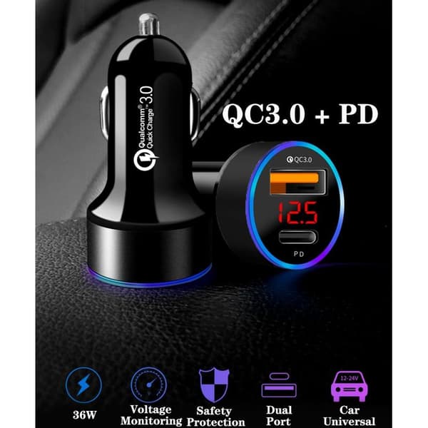 Biloplader USB C PD & QC3.0 Hurtig Biloplader USB A Cigarettænderadapter til iPhone 13 12 11 Pro Max X XR XS, Samsung, Huawei, Tablet