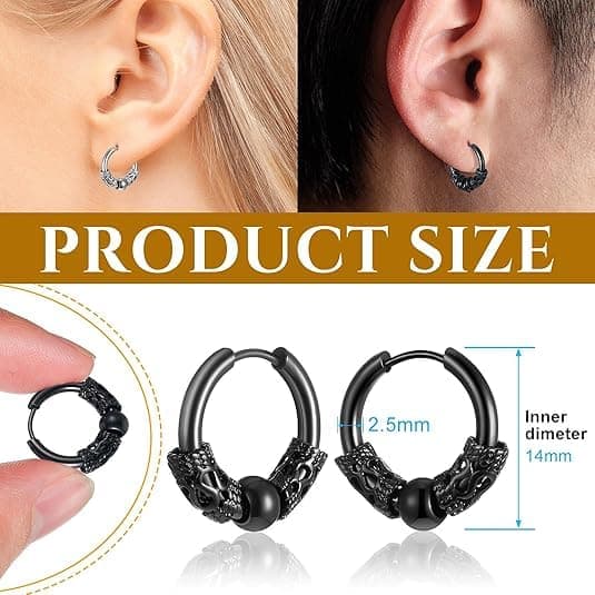 Par 14 mm Herreøreringe Ring Rustfrit Stål Huggie Hængslet Ørering Gotiske Creoler til Mænd Kvinder, Sort, Sølv