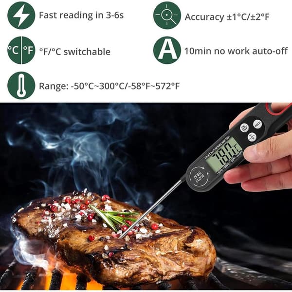 Vikbar kötttermometer – Digital kökssond med LCD-skärm för grillning och matlagning – Svart