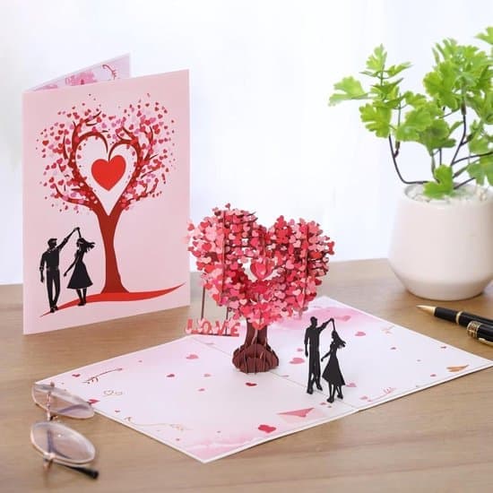 3D Pop-Up Kjærlighetskort – Danser under hjertetre, romantisk papirkutt for Valentinsdag og bryllup