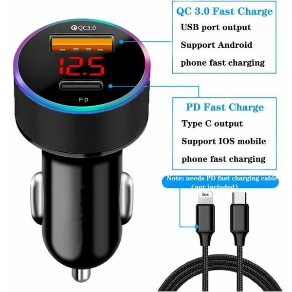 USB-C PD & QC3.0 Biloplader – Dobbelt USB-A hurtigoplader til Samsung, Huawei & iPhone 13/12/11/Pro/X