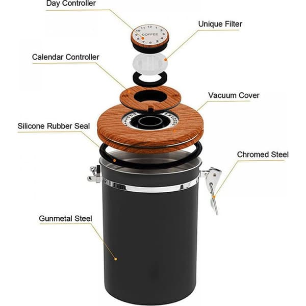 Lufttæt beholder i rustfrit stål til opbevaring af kaffebønner, med dato og CO2-ventil (Træ-effekt farve, stor størrelse, 1800 ml)