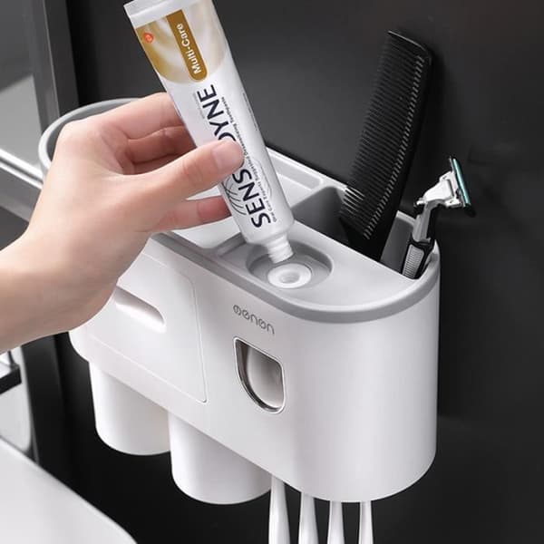 Automatisk tandkrämsdispenser - Väggmonterad - 4 platser - 2 koppar - Vit