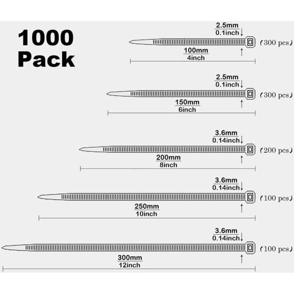 Pakke med 1000 sorte kabelbindere, kraftige plastikkabelbindere, nylonkabelbindere, assorterede glideclips, 100/150/200/250/300 mm længde, 3/4 mm bredde