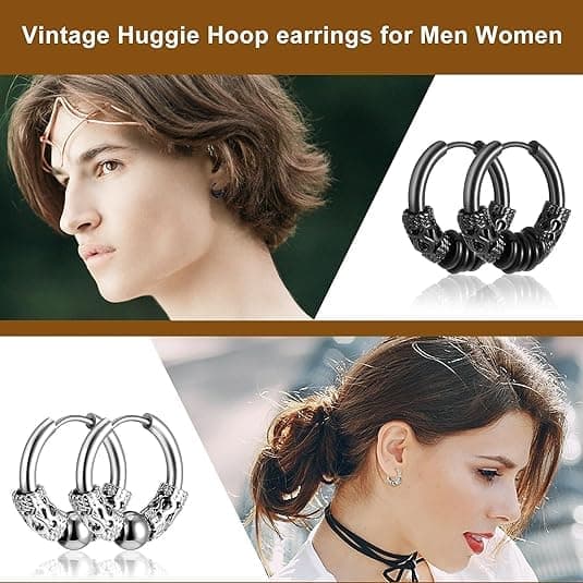 Par 14 mm Herreøreringe Ring Rustfrit Stål Huggie Hængslet Ørering Gotiske Creoler til Mænd Kvinder, Sort, Sølv