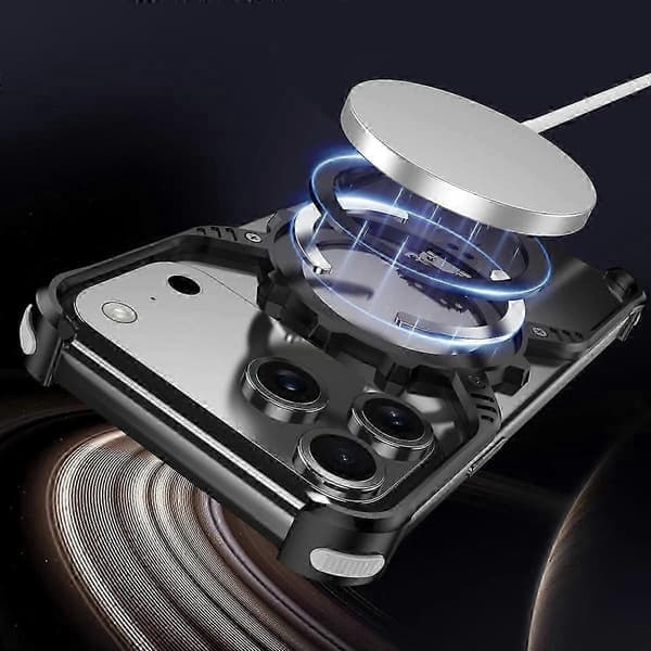 TKdaddy magnetisk deksel til iPhone 17 Pro Max, lysende stativ, aluminiumslegering, X-formet støtfanger, sølv
