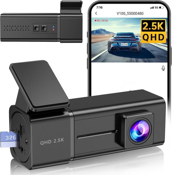 Dashcam, 2.5k 1440P WiFi Dashcams, Dashkamera for biler med APP, Mini Bilkamera, Gratis 32GB SD-kort, Nattsyn, 24H Parkeringsmodus, G-sensor, Loop