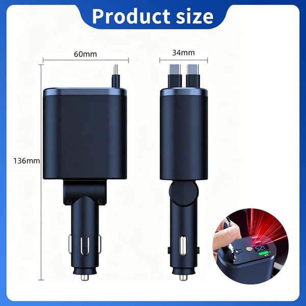 Infällbar billaddare – 4-i-1 120W med dubbla 70 cm infällbara kablar och digital display