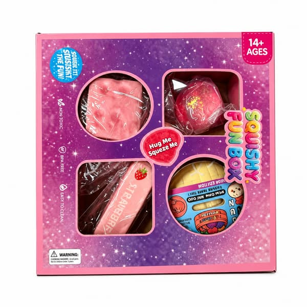 4-delt rosa Squishy Fun Box, assorterte dessert- og glitter-sensoriske stressavlastningsleker i vindusgaveeske