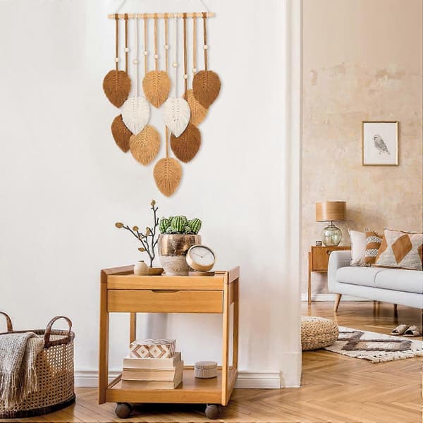 Makrame Väggbonad Grönt Löv Tofs Gobeläng Boho Chic Väggdekor Handgjord Vävd Bomullsrep Gobeläng Estetisk Bohemisk Väggkonst för Sovrum