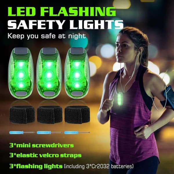 Set med 3 blinkande LED-säkerhetsklämmor för skolväskor, ryggsäckar, barnvagnar eller joggingbyxor – hög synlighet, batterier ingår