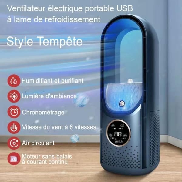 Bærbar USB Elektrisk Ventilator - HD4K - 6 Hastigheder - Blå - Bladeless Køling - 300x120mm
