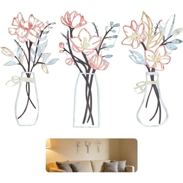 Set med 3 väggdekorationer, akryl, 3D-effekt, blommönster, vas, vardagsrum, sovrum