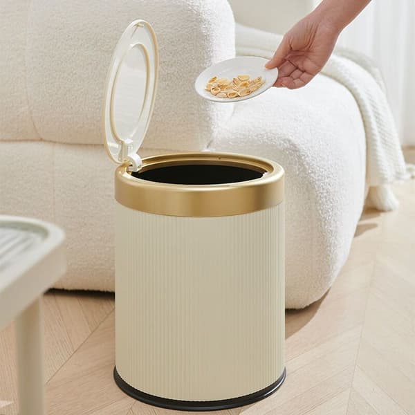 Elegant 12L Cirkulär Papperskorg med Tryckknapp - Lock Ingår för Hem/Badrum/Vardagsrum/Sovrum, Modern Krämvit
