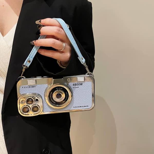 2025 Senaste Modell 3D Retro Kamera Mobilskal med Rem - Unik Cool Silikon PC Stötsäker Crossbody Väska för iPhone 16 Pro - Blå Blå iPhone 12 Pro Blue iPhone 12 Pro
