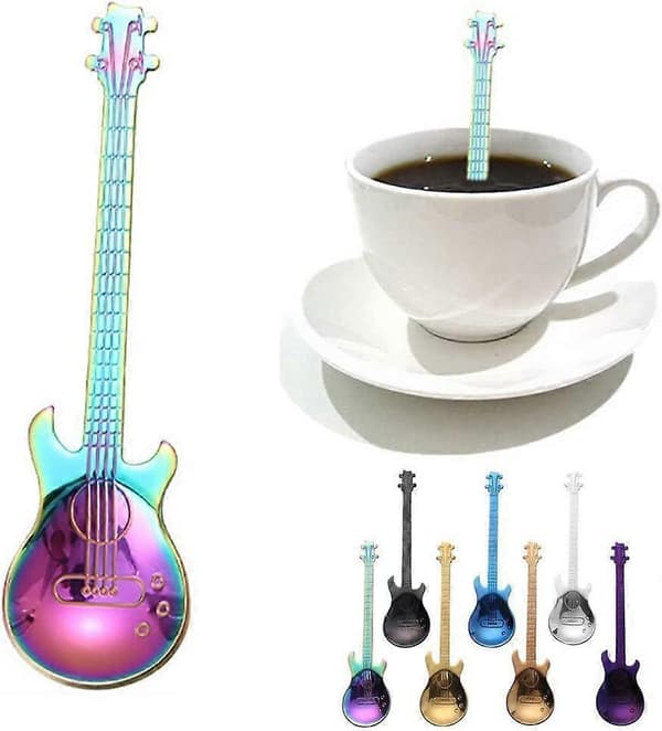 Gitarrkaffeteskedar, 7 st färgglada kaffeskedar i rostfritt stål, set för omrörning/blandning/socker