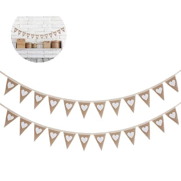 Jute Flaggvimpler Kjærlighet Hjerte Trekant Flagg Festdekorasjon for Bryllup Bursdag Seremonier Babyshower Jul 24 Stykker