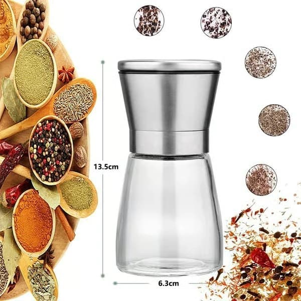 Sæt med 4 salt- og peberkværne, originalt rustfrit stål, kobberbørstet rustfrit stål og glaskrop, krydderikværne - 160 ml