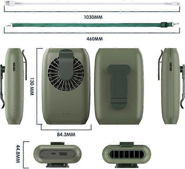 Mini USB-blæser 2000mAh bærbar hængende hals bordblæser med 3 hastigheder - Grøn etiket