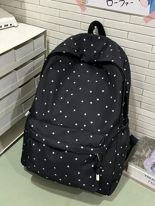 Retro prikket nylon skoletaske med justerbare stropper, pink pink