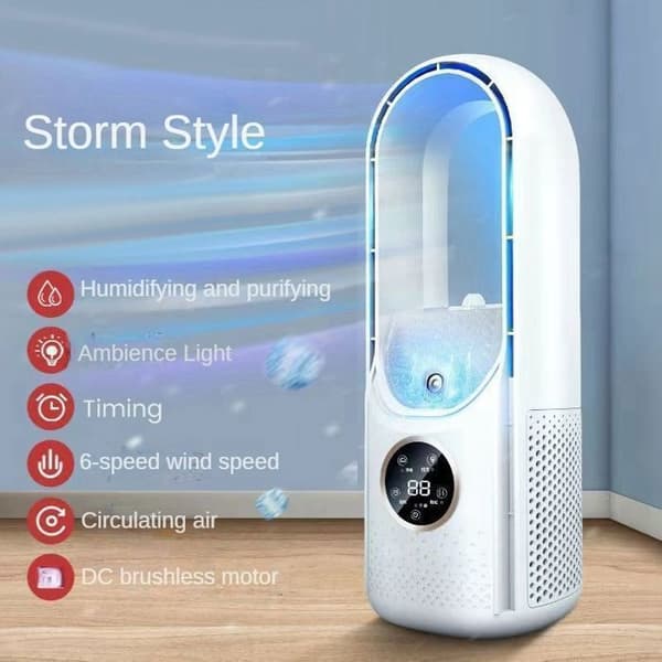 Bladeless ventilator, 6 hastigheder, sleep timer, vidvinkelkøling og befugtning, til hjemmebrug