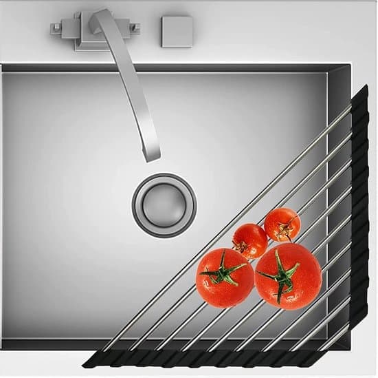 Vikbart diskställ – Rostfritt stål, trekantigt, rullbart, multifunktionellt köksavlopp – Svart