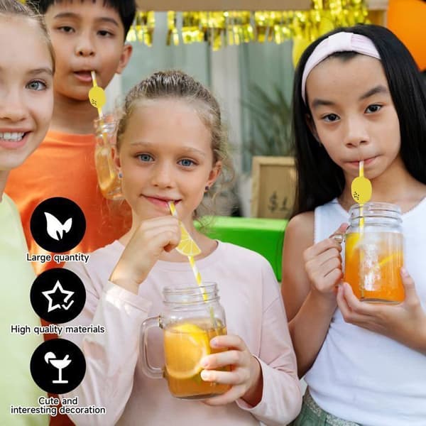 Citronstribede papirsugerør - 100 stk. - Gul - Velegnet til babyshower og fødselsdage