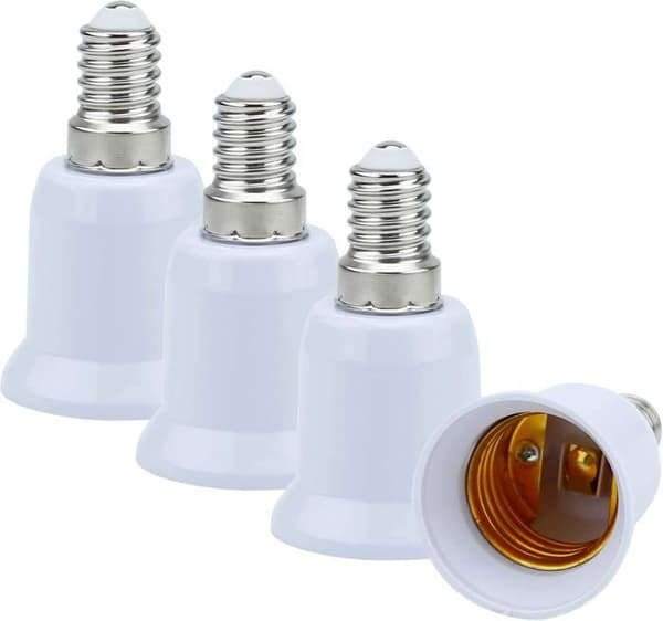 Sett med 4 E14 til E27 sokkeladaptere i hvitt, kompatibel med gløde-, LED-, halogen- og lampelyspærer