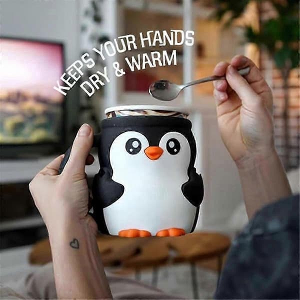 Söpö pingviini-jäätelöpurkin pidike lusikkapaikalla