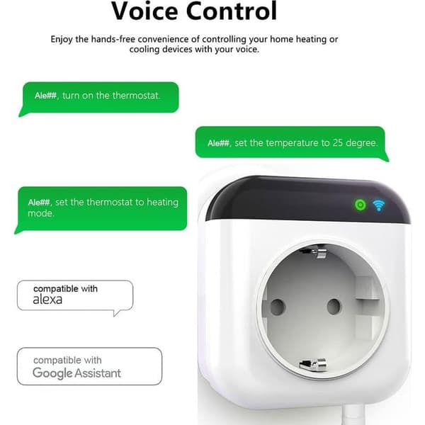 Smart WiFi programmerbar termostat, mini 15A plug-in temperaturregulator, trådlös APP-kontroll, röststyrning, timer, elektrisk strömbrytare