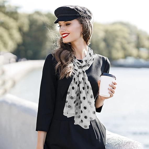 Blødt blomstret tørklæde til kvinder Chiffon Sheer Tørklæde Polka Dot-hvid Sort