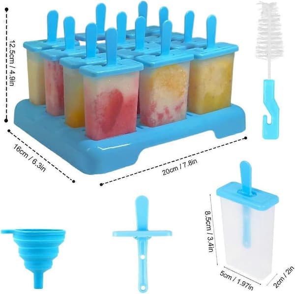 Ispopsform med pinner, 12 hulrom ispopsform, matkvalitets BPA-fri ispopsform, DIY kreativ ispopsform med rengjøringsbørste, trakt