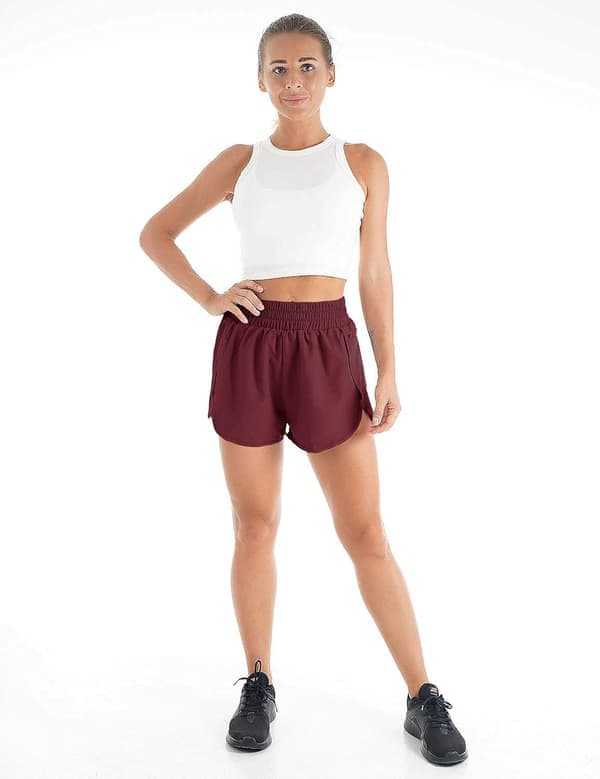 Løbeshorts til kvinder - Hurtigtørrende dobbeltlag med elastisk talje og lommer - Vælg farve og størrelse Dark Wine Red Medium