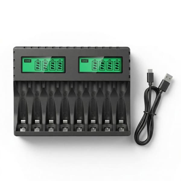Genopladelig batterioplader til 8 AA/AAA-slots - USB-C LCD-skærm - Smart hurtigopladning til Ni-MH 1.2V