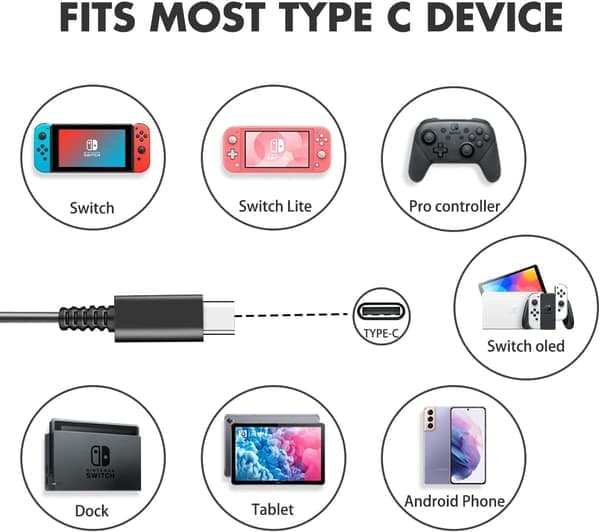 Oplader til Nintendo Switch og Switch Lite og Switch OLED, understøtter Nintendo Switch TV Dock-tilstand AC-strømadapter, Type-C opladerkabel til S