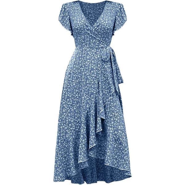 Sommarblommig klänning för kvinnor med korta ärmar, V-ringning, chic blommig swing, elegant omlott, elastisk M