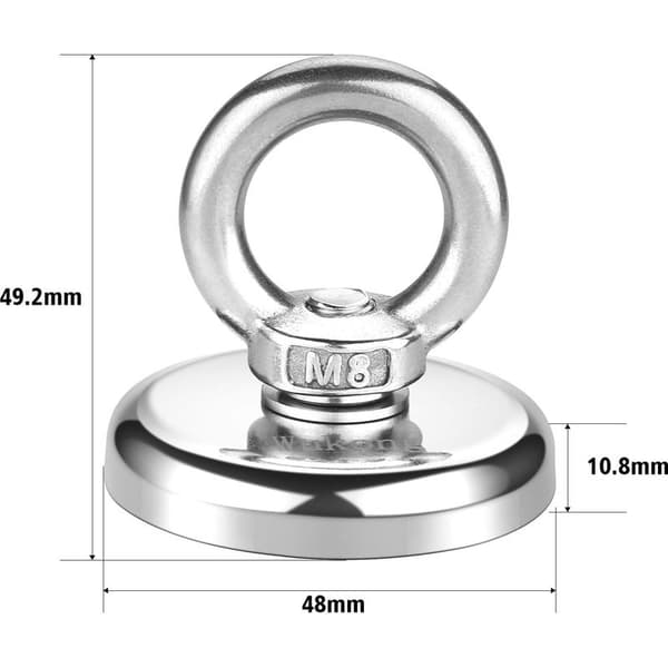 48 mm neodymmagnet – 75 kg trækkraft – Rustfrit stålhus – Epoxyharpiks til beskyttelse – Magnetfiskeri