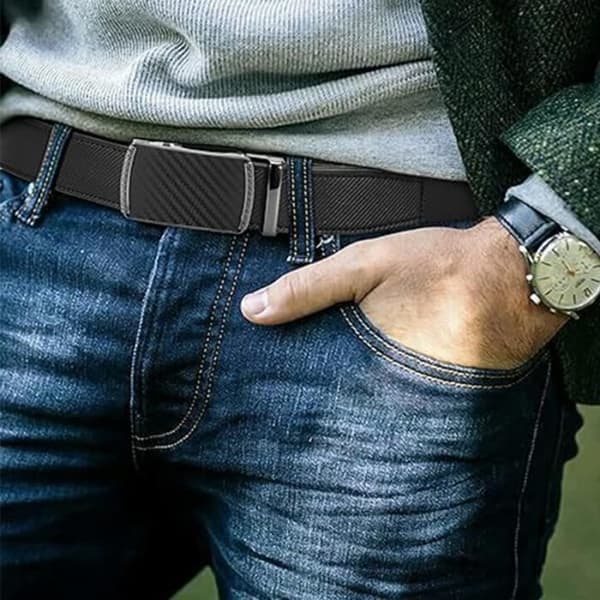 Herrbälte, läderbälte med automatiskt spänne, justerbart och avkortningsbart herrbälte - 115-125 cm blått 125 cm