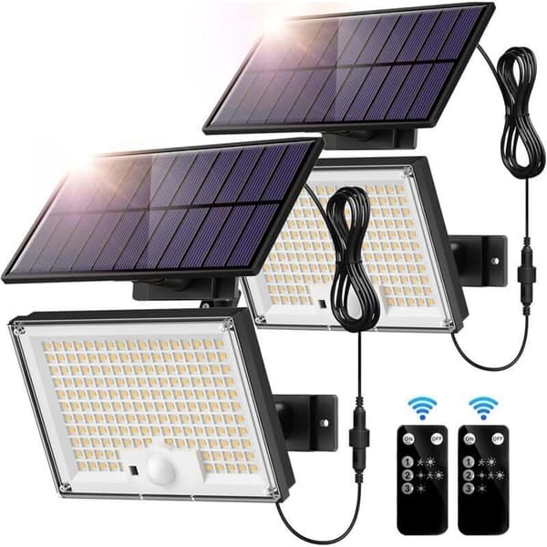 2 stk. udendørs solcellelamper 172 LED 3 tilstande udendørs solcellelampe med bevægelsessensor, IP65 solcelle udendørsbelysning, LED solcelle-spotlight med 5M kabel