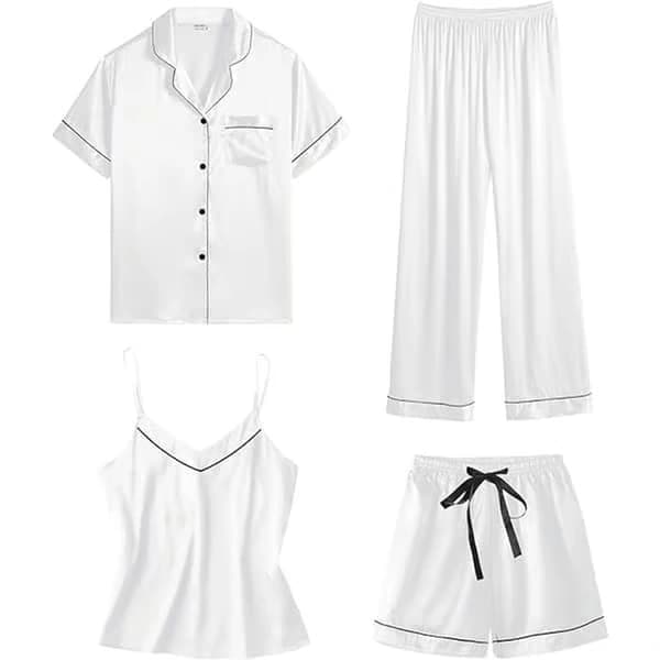 4-delt pyjamasett for kvinner i silkesateng nattøy sexy pyjamas koselige klær Hvit