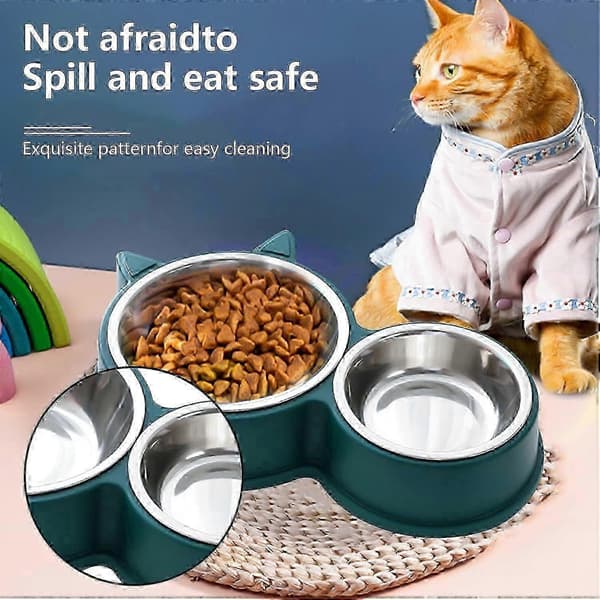 Katteskål, Dobbeltskåle, Katteskålsæt i rustfrit stål, Foder- og drikkeskåle til katte, hvalpe, hamstere, kaniner, små dyr_Grøn_SZXM