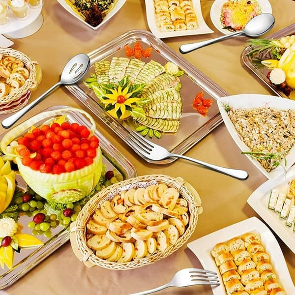 Serveringsbestikksett – 2 store skjeer, 2 hullsleiver og 2 gafler – 24,9 cm rustfritt stål til buffet