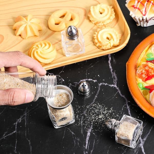 Set med 24 mini salt- och pepparströare (glas och rostfritt stål, 15 ml)