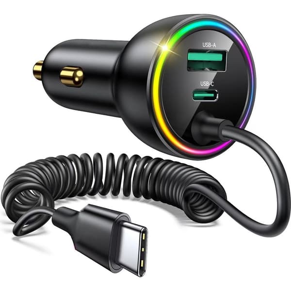 70W Biloplader til iPhone 17 Pro Max, USB-C Hurtigopladende Biloplader med 1,6 m Spiralkabel, til iPhone 17/16/15, iPad, Samsung, Android
