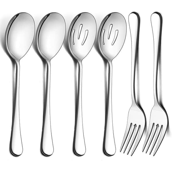Serveringsbestiksæt – 2 store skeer, 2 hulskeer og 2 gafler – 24,9 cm rustfrit stål til buffet