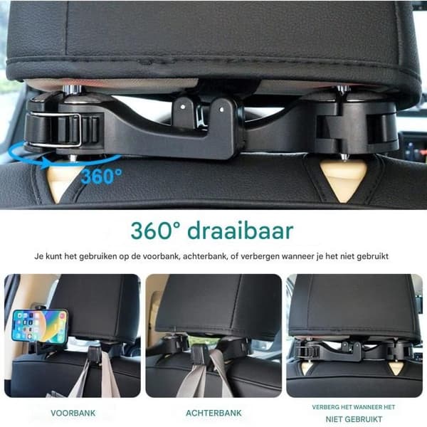 Bilkrog - Multifunktionel Telefonholder - 360° Skjulte Kroge - Sølv