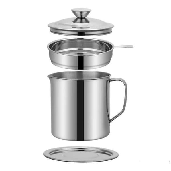 Oliebeholder i rustfrit stål til bacon, olietanke, med støvlåg og bakker